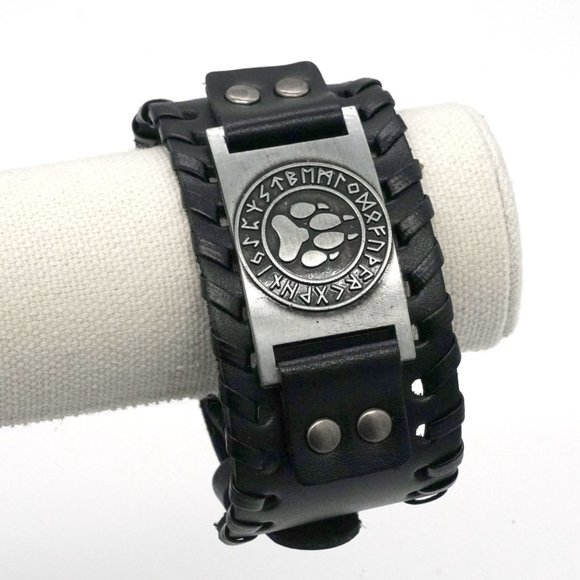 Bracelet Mens Black Leather Adjustable. - Picture 2 of 3
